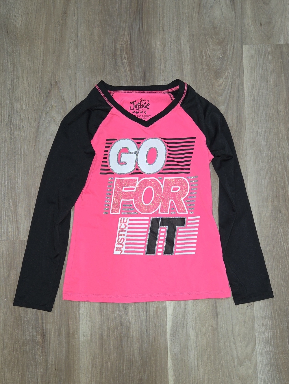 •Justice• Little Girls "Go For It" Pink Colorblock Long Sleeve Top